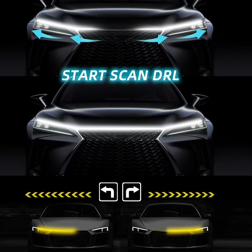 1.8m Blue LED Hood Strip Light Start Scan Dynamic DRL & Yellow Turn Signal Lamp