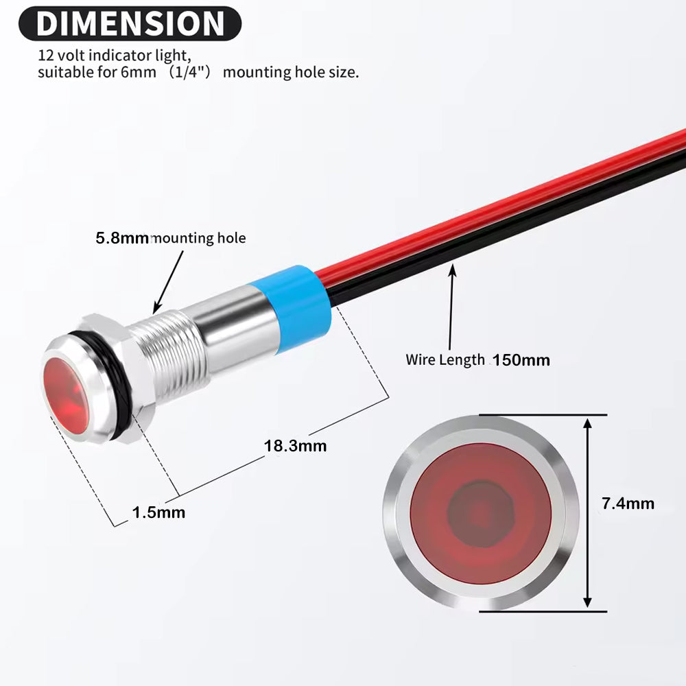 10 x Red LED Indicator Light 12V 6mm Red Pilot Lamp Metal IP67 Car Truck Marine