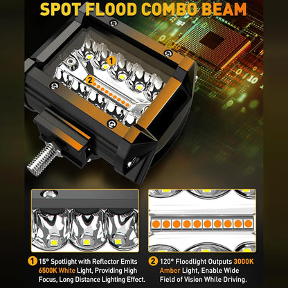 2 x White/Yellow LED Light Bar 30W 102x80mm Flood Spot Work Light with Harness