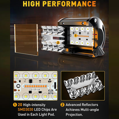 2 x White/Yellow LED Light Bar 30W 102x80mm Flood Spot Work Light with Harness