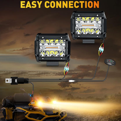 2 x White/Yellow LED Light Bar 30W 102x80mm Flood Spot Work Light with Harness