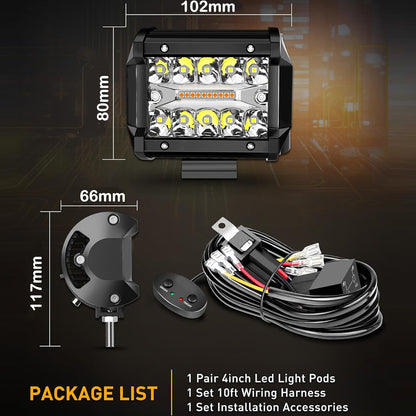 2 x White/Yellow LED Light Bar 30W 102x80mm Flood Spot Work Light with Harness