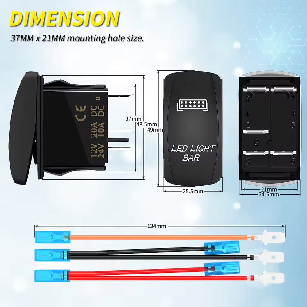 LED Light Bar Switch ON/Off Laser Rocker Switch 12V-24V 20A 5Pin with Blue LED