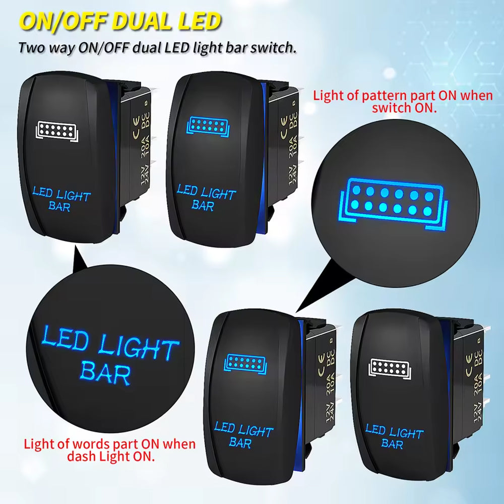 LED Light Bar Switch ON/Off Laser Rocker Switch 12V-24V 20A 5Pin with Blue LED