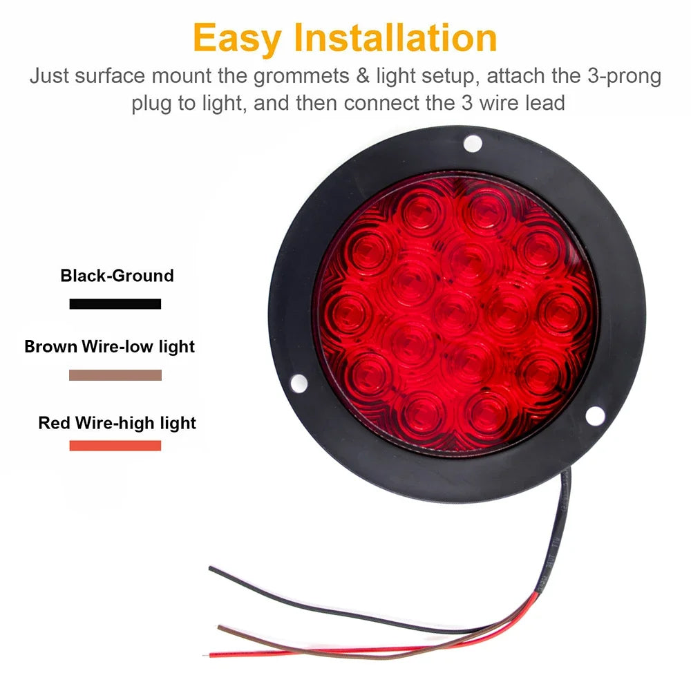 2 x Red LED Rear Light Round 136mm 12-24V Stop/Tail Lamp Caravan Trailer Truck