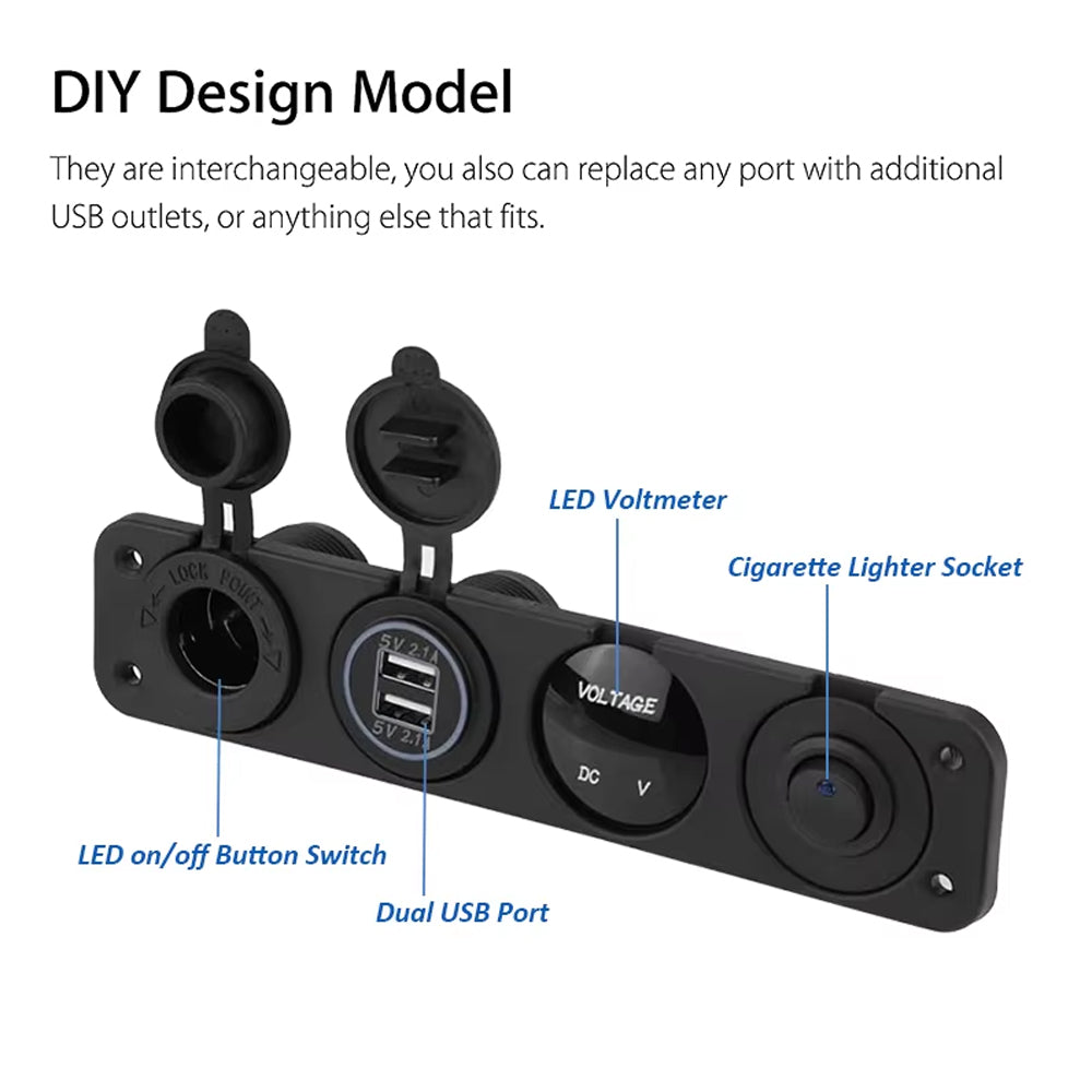 4 in1 Green LED Switch Panel 12V Dual USB Charger Voltmeter and Power Socket