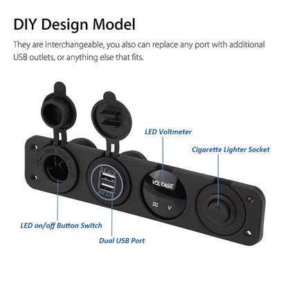 4 in1 Green LED Switch Panel 12V Dual USB Charger Voltmeter and Power Socket