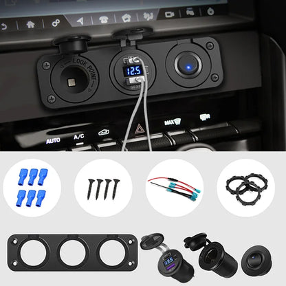 4in1 Blue LED Switch Panel 12V PD USB C QC3.0 USB Charger Voltmeter Power Socket