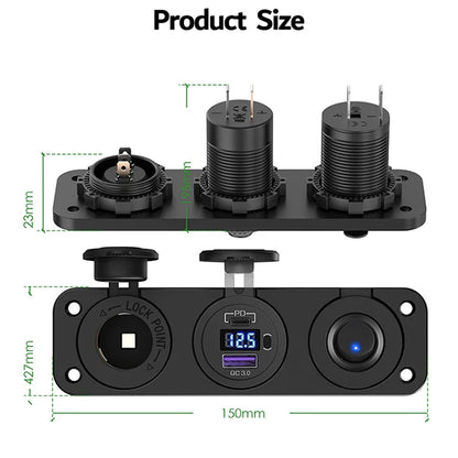 4 in1 Green Switch Panel 12V PD USB C QC3.0 USB Charger Voltmeter Power Socket