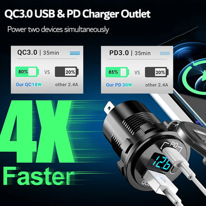 4in1 Blue LED Switch Panel 12V PD USB C QC3.0 USB Charger Voltmeter Power Socket