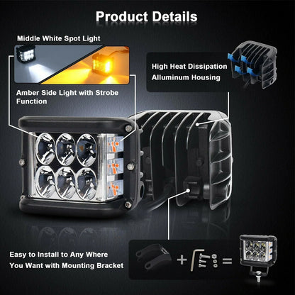 1pc 96x74mm LED Work Light Front White Spot Light & Dual Side Blue Strobe Lamp