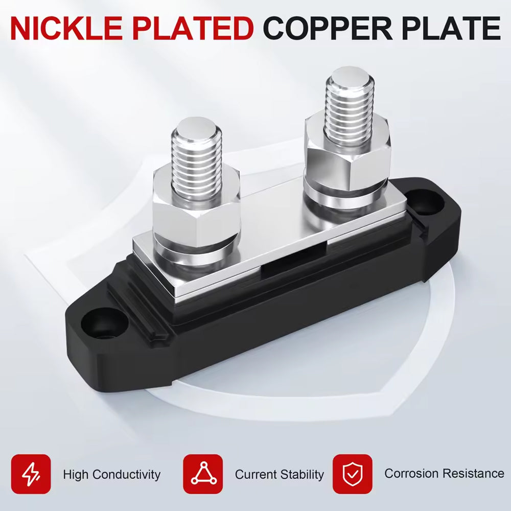 M10 Bus Bar 12-48V 250A Power Distribution Block 2xM10 Posts Stud & 6 Copper Lug