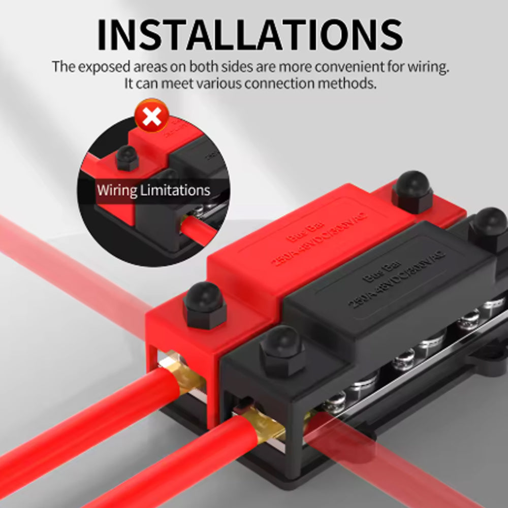 M10 Bus Bar 12V-48V 250A Power Distribution Block 8xM10 Posts Stud 6xM4 Terminal
