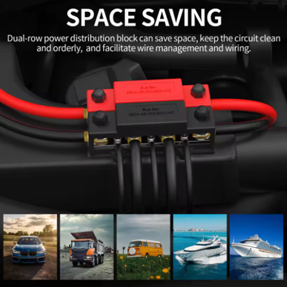 M10 Bus Bar 12V-48V 250A Power Distribution Block 8xM10 Posts Stud 6xM4 Terminal