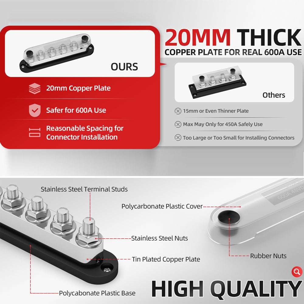 Dual M10 Bus Bar 12V-48V 600A Power Distribution Block 6xM10 Posts Stud Terminal