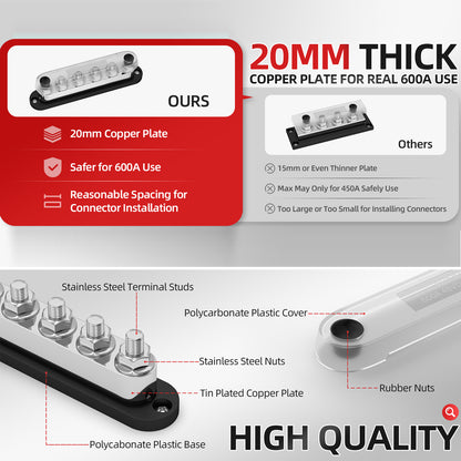 Dual M10 Bus Bar 12V-48V 600A Power Distribution Block 6xM10 Posts Stud Terminal