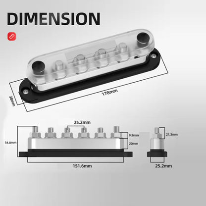 Dual M10 Bus Bar 12V-48V 600A Power Distribution Block 6xM10 Posts Stud Terminal