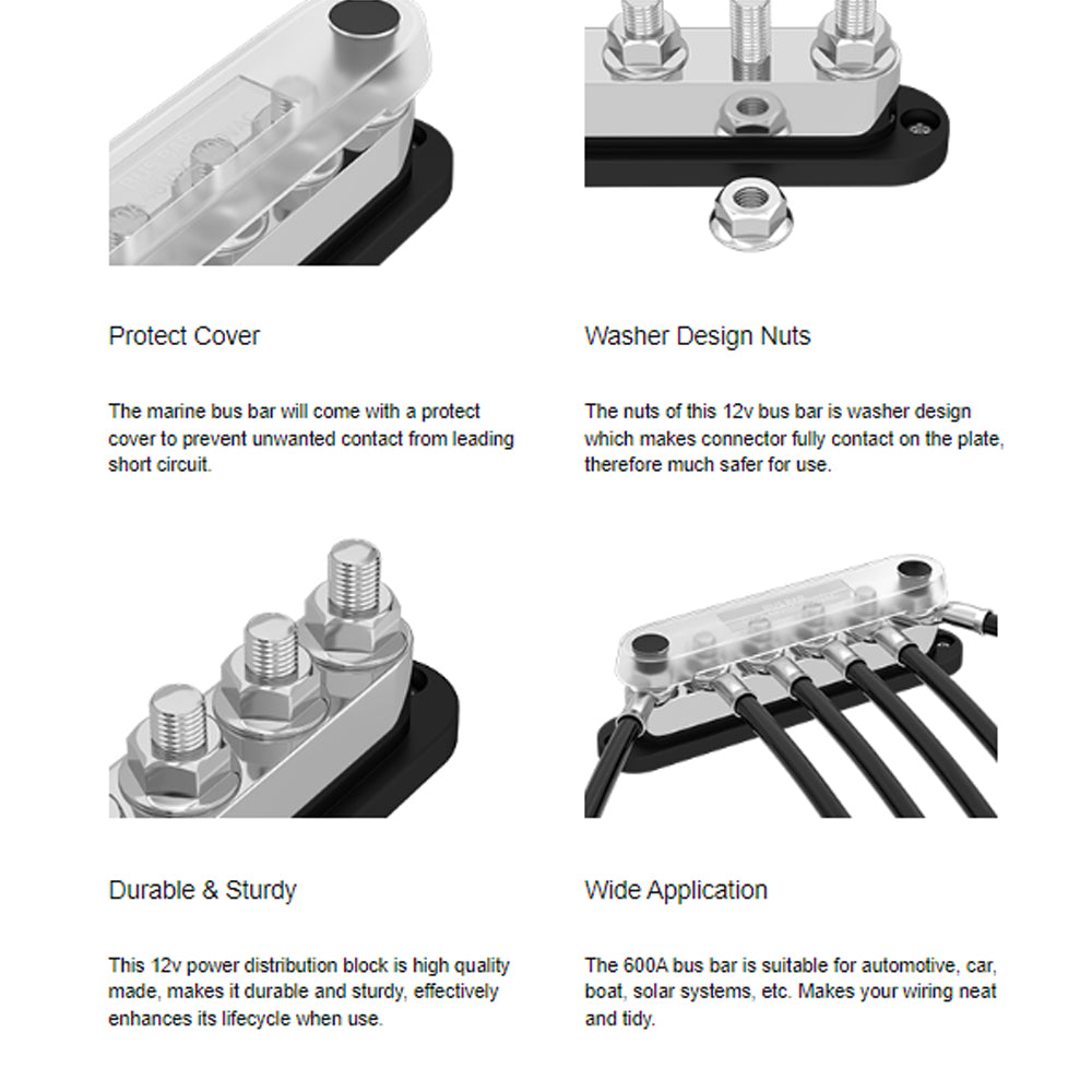 Dual M10 Bus Bar 12V-48V 600A Power Distribution Block 6xM10 Posts Stud Terminal