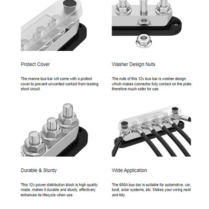 Dual M10 Bus Bar 12V-48V 600A Power Distribution Block 6xM10 Posts Stud Terminal