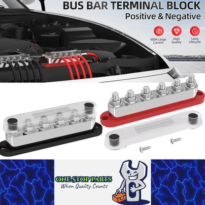 Dual M10 Bus Bar 12V-48V 600A Power Distribution Block 6xM10 Posts Stud Terminal