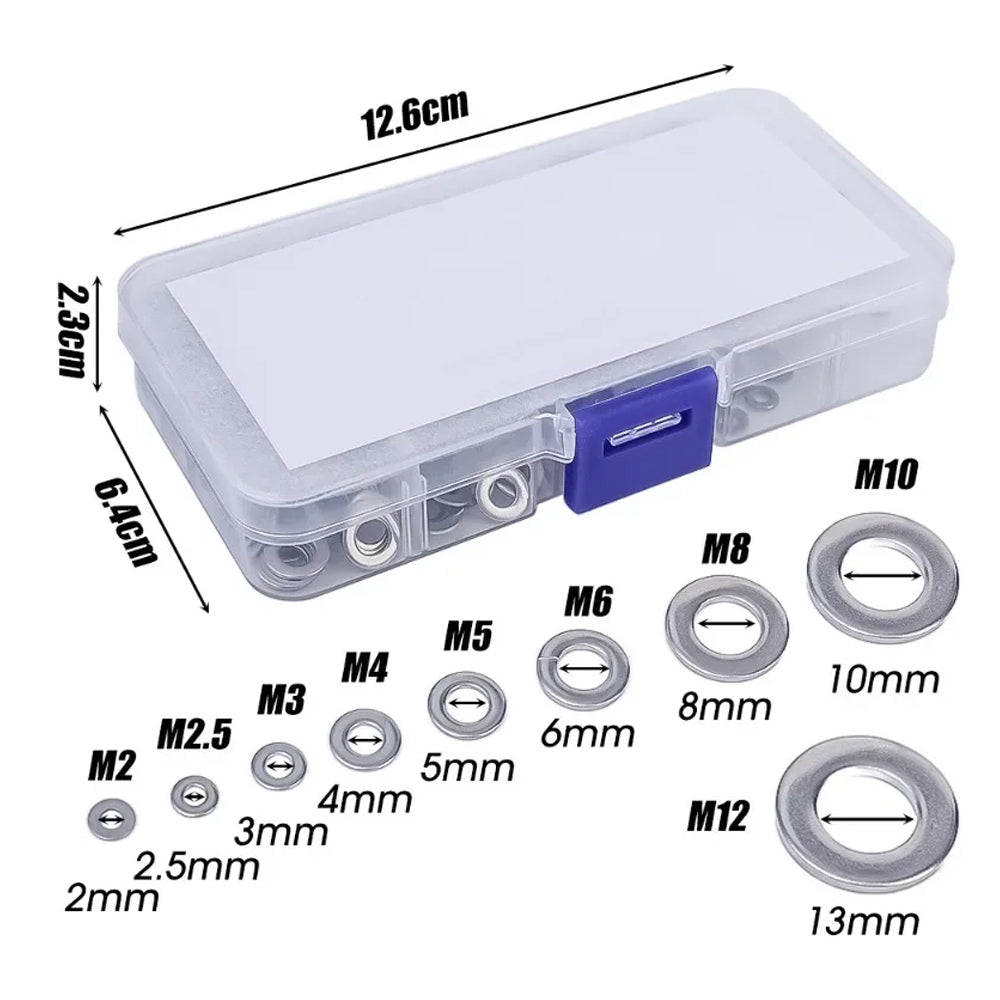 580pcs Stainless Steel Washer Assortment Kits M2-M12 Metal Screw Flat Washer