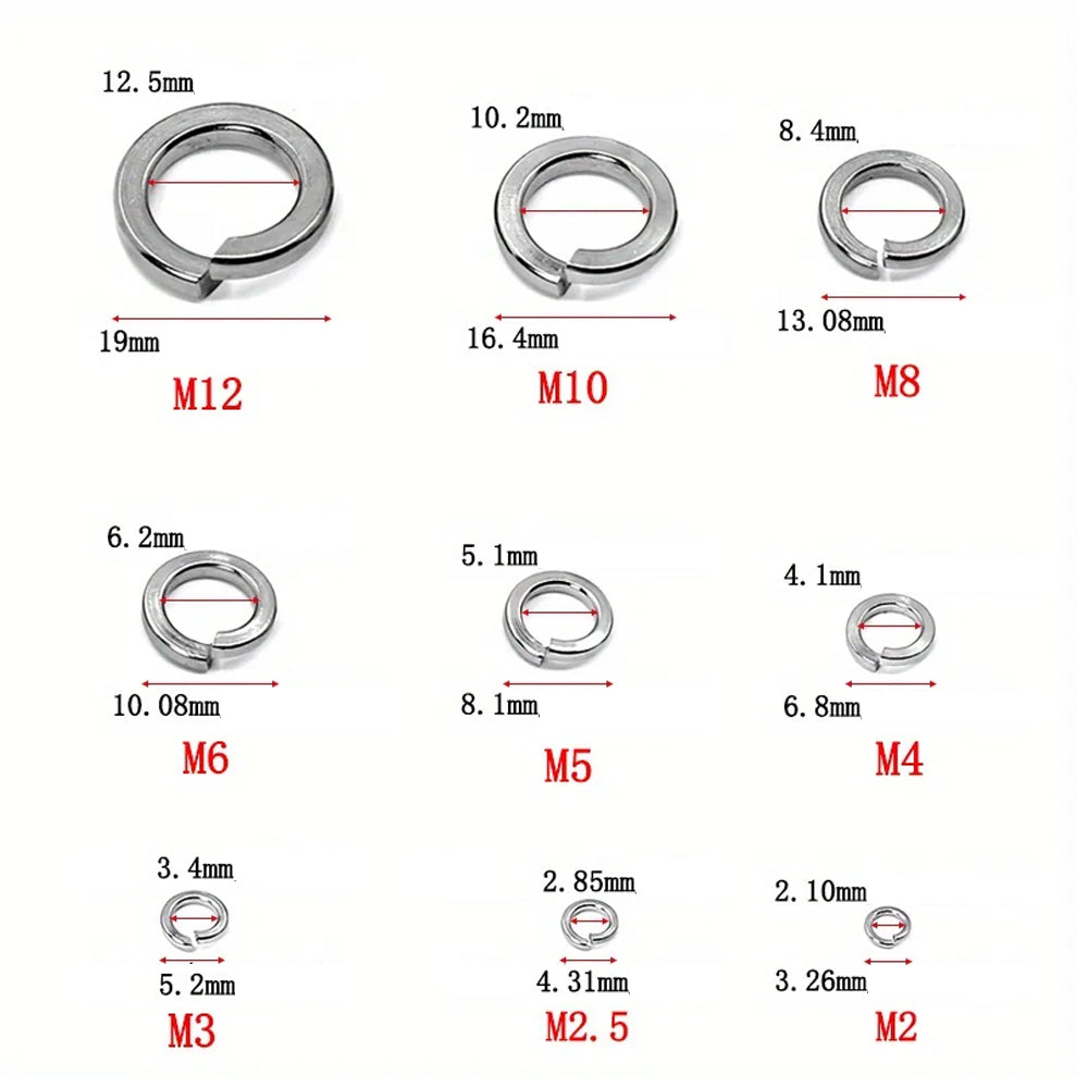 310 x 304 Stainless Steel Spring Split Lock Washers Elastic Gaskets M2 to M12