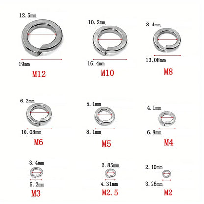 310 x 304 Stainless Steel Spring Split Lock Washers Elastic Gaskets M2 to M12