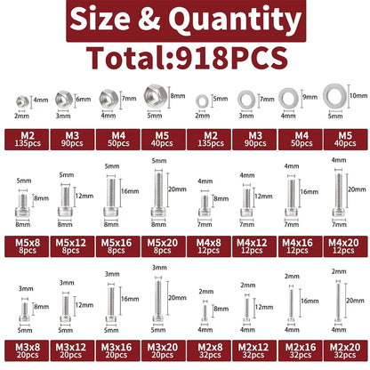 918pcs Hex Bolt Nut Washer Assortment Kit M2 M3 M4 M5 304 Stainless Steel Screw