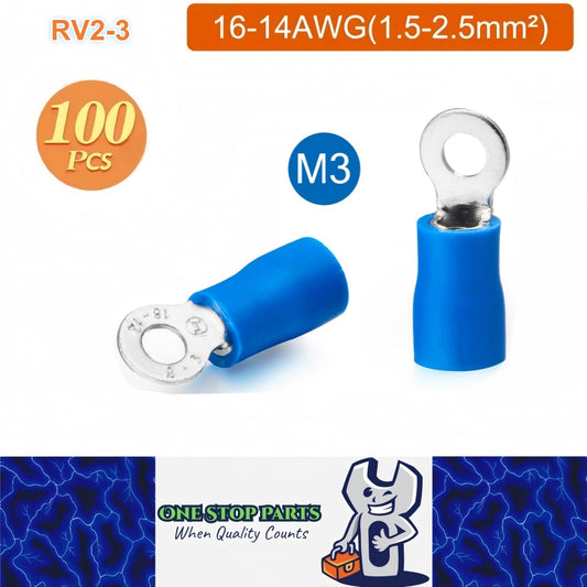 100 x Blue Ring Terminals M3 RV2-3 Ring Crimp Terminals 16-14AWG Wire Connectors