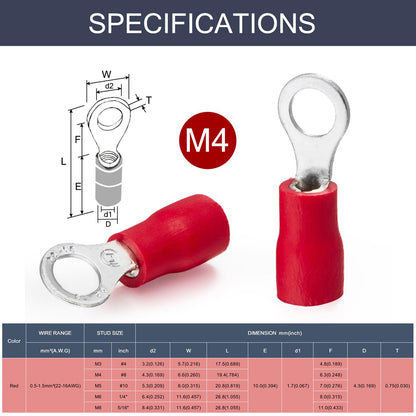 100 x Red Ring Terminals M4 RV1.25-4 Ring Crimp Terminal 22-16AWG Wire Connector