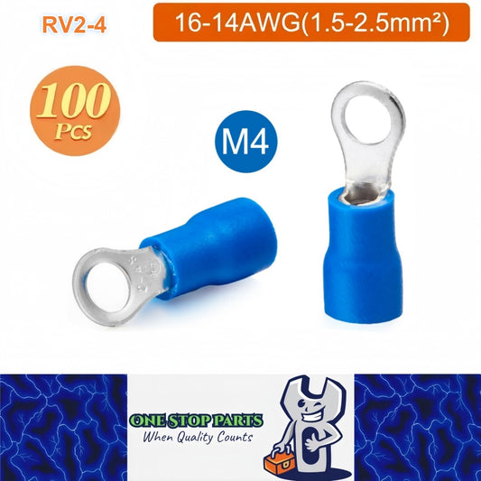 100 x Blue Ring Terminals M4 RV2-4 Ring Crimp Terminals 16-14AWG Wire Connectors
