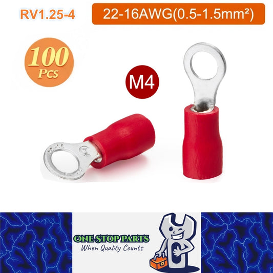 100 x Red Ring Terminals M4 RV1.25-4 Ring Crimp Terminal 22-16AWG Wire Connector