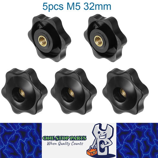 5 x M5 32mm Hand Tighten Nut 6 Petal with Hole Through Easy Tighten and Release
