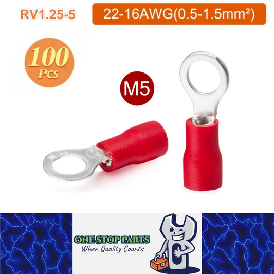 100 x Red Ring Terminals M5 RV1.25-5 Ring Crimp Terminal 22-16AWG Wire Connector