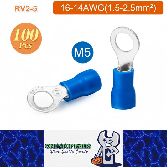 100 x Blue Ring Terminals M5 RV2-5 Ring Crimp Terminals 16-14AWG Wire Connectors