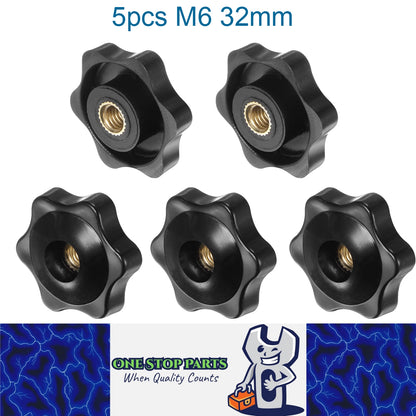 5 x M6 32mm Hand Tighten Nut 6 Petal with Hole Through Easy Tighten and Release