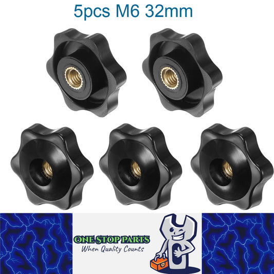 5 x M6 32mm Hand Tighten Nut 6 Petal with Hole Through Easy Tighten and Release