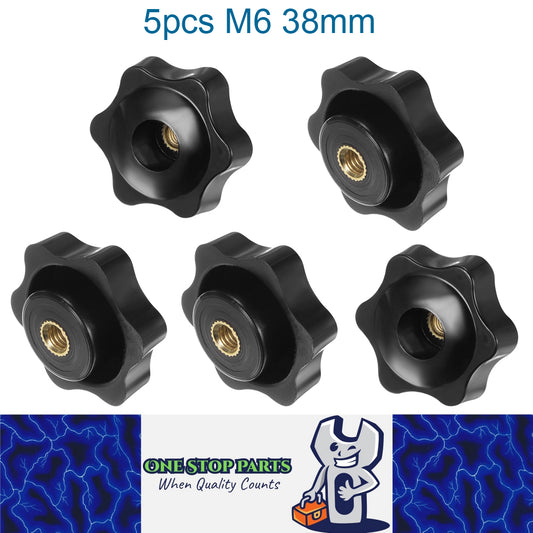 5 x M6 38mm Hand Tighten Nut 6 Petal with Hole Through Easy Tighten and Release