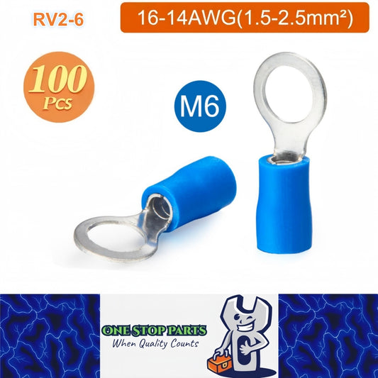 100 x Blue Ring Terminals M6 RV2-6 Ring Crimp Terminals 16-14AWG Wire Connectors