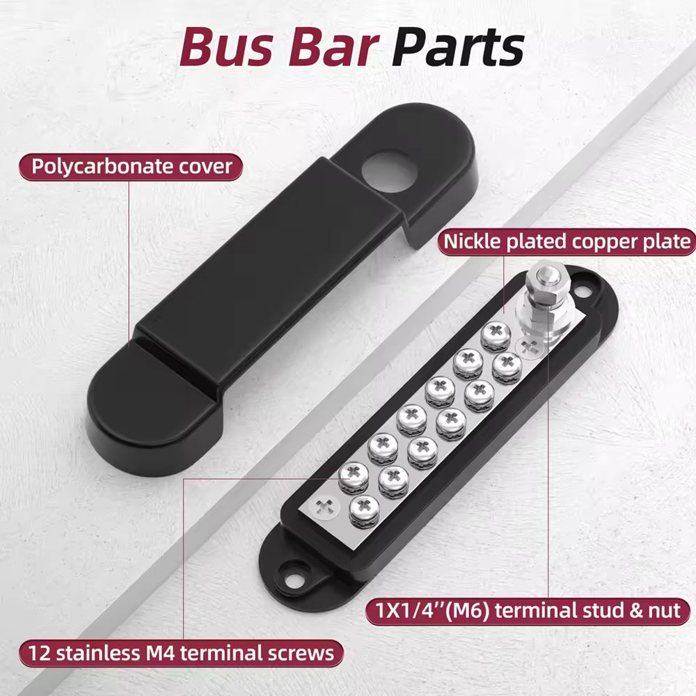 M6 Bus Bar 12V 150A Power Distribution Block 1xM6 Post 12xM4 Stud & Lug Terminal