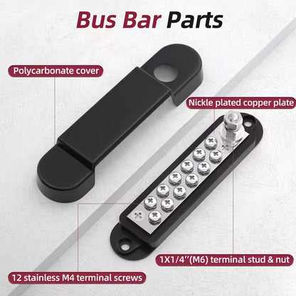 M6 Bus Bar 12V 150A Power Distribution Block 1xM6 Post 12xM4 Stud & Lug Terminal