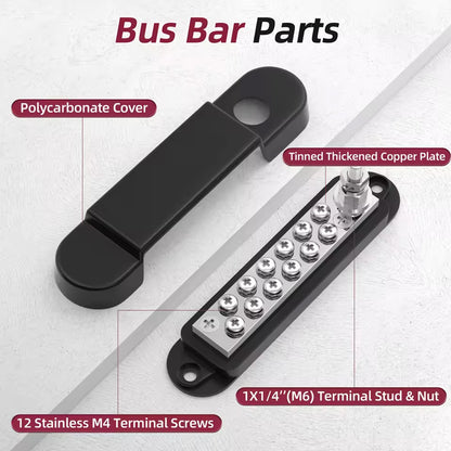 M6 Bus Bar 12V 150A Power Distribution Block with Cover for Marine Automotive