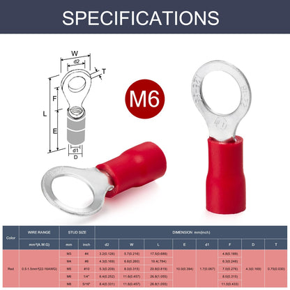 100 x Red Ring Terminals M6 RV1.25-6 Ring Crimp Terminal 22-16AWG Wire Connector