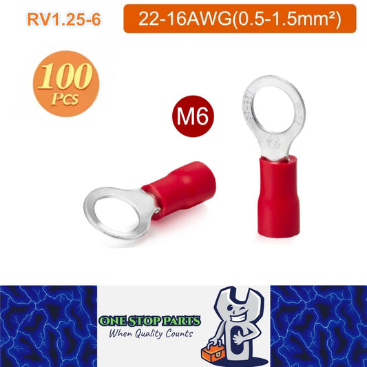 100 x Red Ring Terminals M6 RV1.25-6 Ring Crimp Terminal 22-16AWG Wire Connector