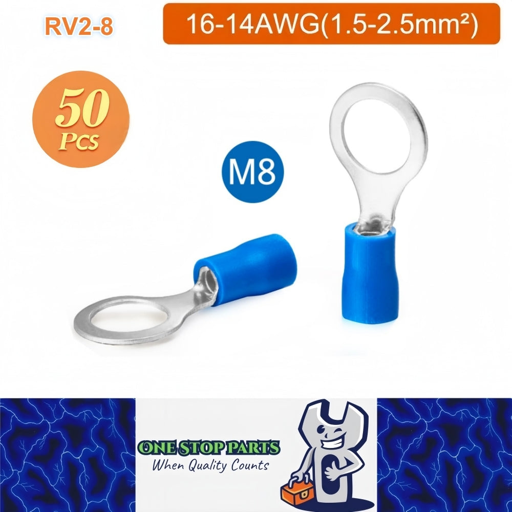 50 x Blue Ring Terminals M8 RV2-8 Ring Crimp Terminals 16-14AWG Wire Connectors