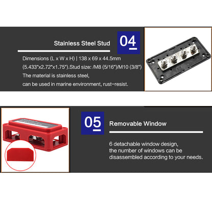 M8 Bus Bar 12-48V 300A Power Distribution Block 4 x M8 Studs Car Marine Terminal
