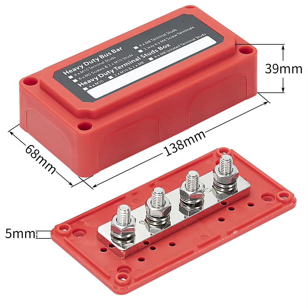 M8 Bus Bar 12-48V 300A Power Distribution Block 4 x M8 Studs Car Marine Terminal