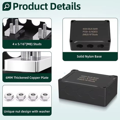 M8 Bus Bar 12V-48V 400A Power Distribution Block 4xM8 Posts Studs Terminals