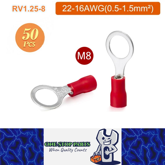 50 x Red Ring Terminals M8 RV1.25-8 Ring Crimp Terminals 22-16AWG Wire Connector