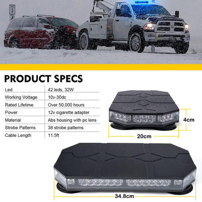 Red/White Magnetic Rooftop Strobe Beacon Light With Controller Warning Lamp